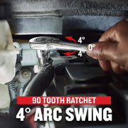 Photo of CRAFTSMAN ratchet CMMT12126 in use, showing 90 tooth design and 4° arc swing inside engine compartment.