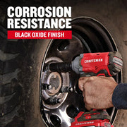 Photo of Craftsman tool with SKU CMMT16063 used on a car wheel, highlighting corrosion resistance and black oxide finish.
