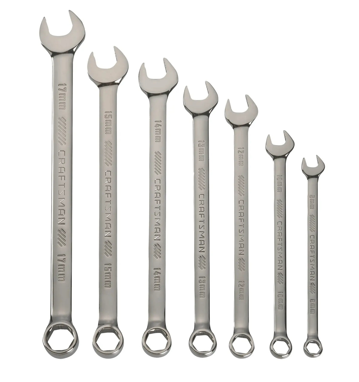A set of seven metal combination wrenches of various sizes arranged in a row. Each wrench has an open end and a box end, with size markings from 8mm to 17mm engraved on the handles. The wrenches are branded 'CRAFTSMAN.'