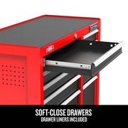 Photo of Craftsman red tool chest CMST98268RB with open soft-close drawer and included liner, angled view.