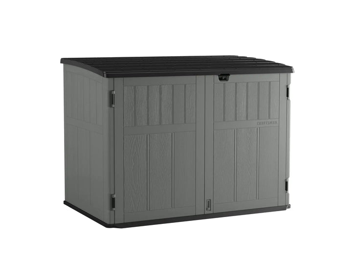 Photo of Craftsman outdoor storage shed CMXRCSCBMSC4752Z, gray with black lid, front angle on white background.
