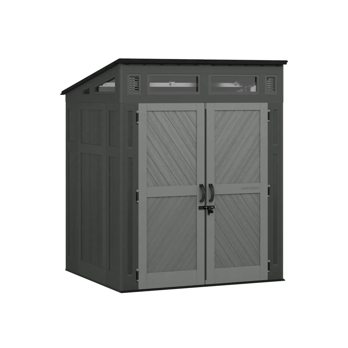 Photo of Craftsman outdoor storage shed CMXRCSCBMSCM6550, gray double doors, window panels, front angle, white background.