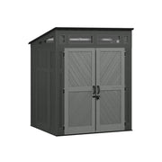 Photo of Craftsman outdoor storage shed CMXRCSCBMSCM6550, gray double doors, window panels, front angle, white background.