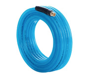Blue polyurethane air hose coiled with brass connector, white background beauty shot, front angle.